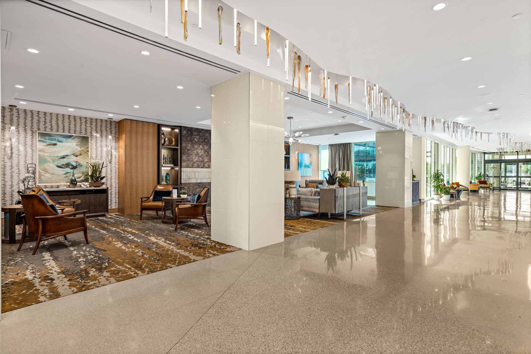 The Mirabella at ASU lobby, with a variety of decorative accents.